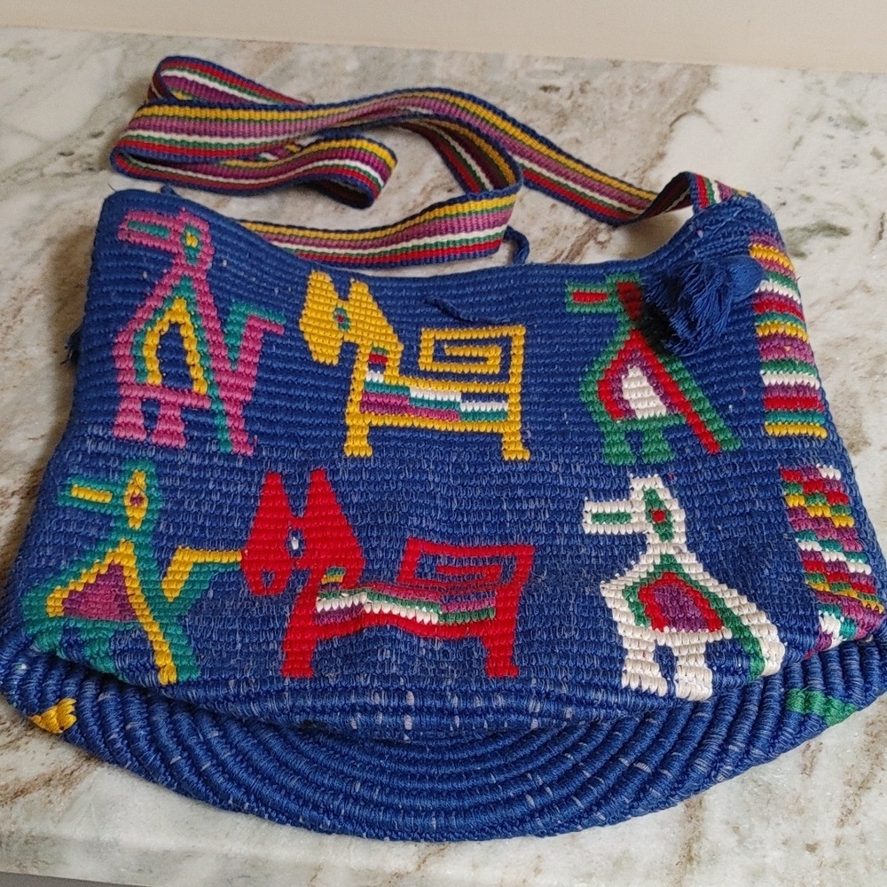 Colorful Crocheted Bucket Bag from Central or South America in Blue